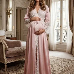 Conjunto Gestante Longo Cetim Rosa com Renda Branca