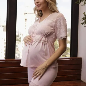 Pijama de Amamentação com Bata e Short Algodão Doce Rosa