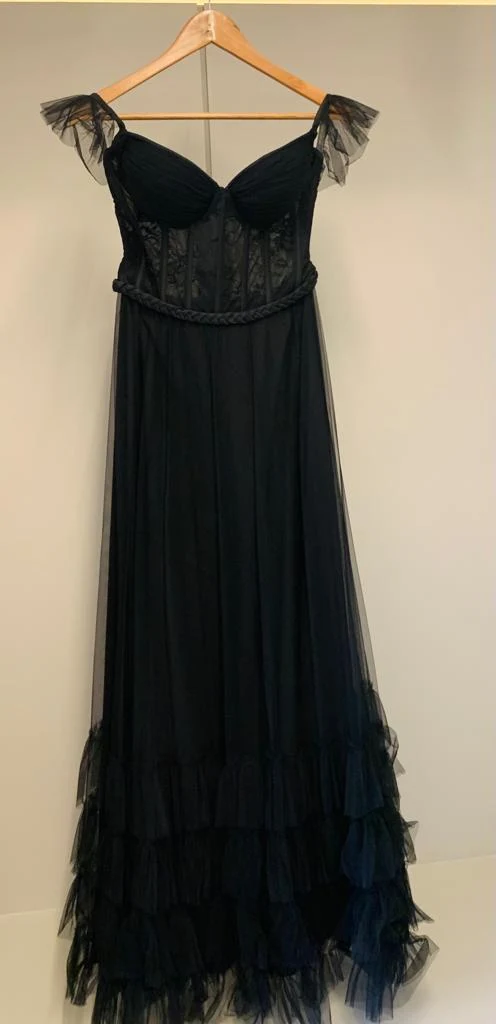 VESTIDO LONGO PRETO COM BABADOS TULE/RENDA - Image 2