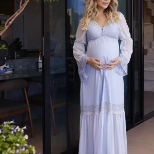 Camisola de Amamentação Longa Romance Algodão Doce Azul