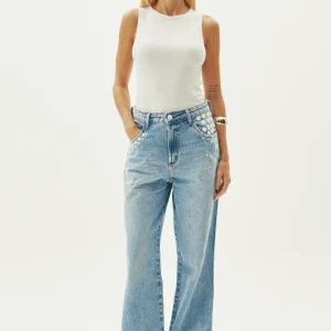 CALÇA JEANS WIDE LEG SUPER HIGH TACHAS BRANCAS