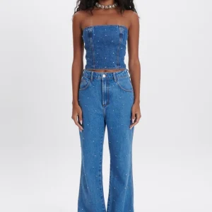 CALCA JEANS WIDE LEG HIGH BORDADA