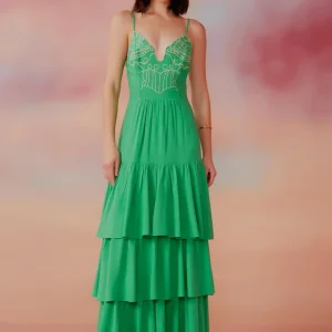 VESTIDO LONGO BABADOS RICHELIEU VERDE