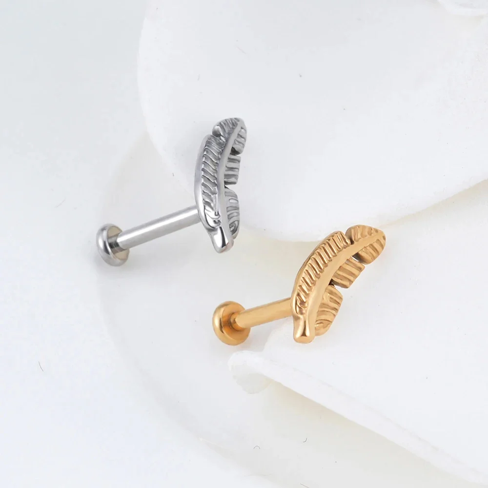 Feather earring stud titanium labret stud gold silver 16G flat back internally threaded - Image 4