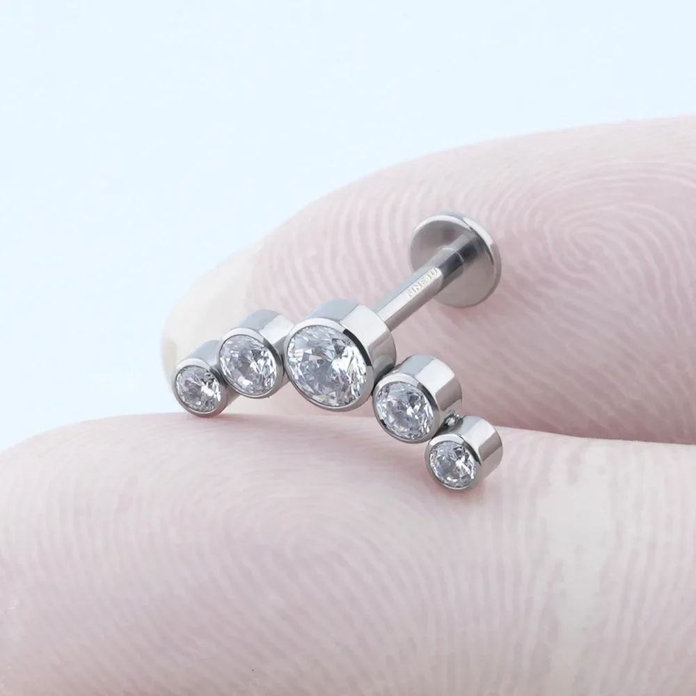 Helix piercing stud with five clear pink green diamond long cool and unique titanium upper helix earring - Image 4