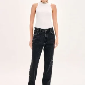 CALÇA JEANS RETA SUPER HIGH PRETA COM TAXAS