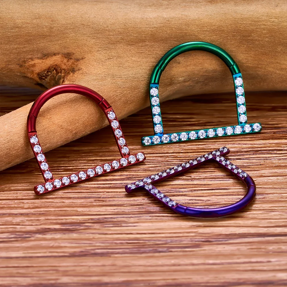 Unique septum piercing in red purple green U-shape titanium clicker ring - Image 2