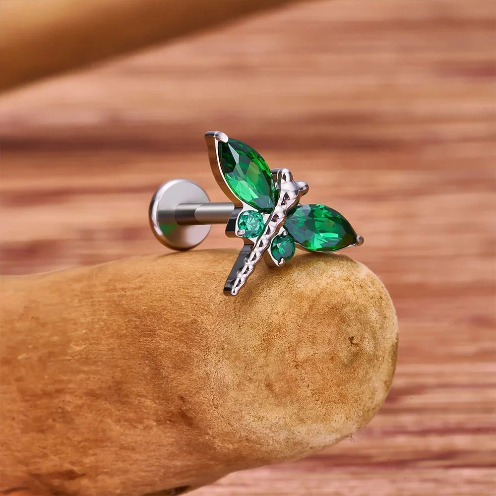 Dragonfly stud earring nose stud titanium piercing stud with clear pink or green diamonds - Image 3