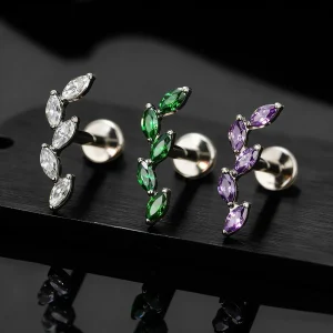 Helix diamond stud with five marquise clear purple green cz stones leaf shape piercing