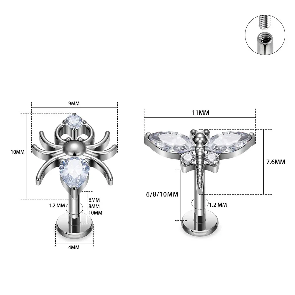 Dragonfly stud earring nose stud titanium piercing stud with clear pink or green diamonds - Image 6
