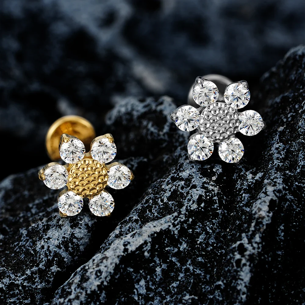 Sunflower piercing labret stud with clear cz stones large titanium stud 16G - Image 2