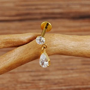 Titanium cartilage earring with a teardrop diamond cz stone titanium drop earring
