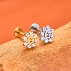 Smiley face flower earring with clear or multicolored cz stones titanium labret stud