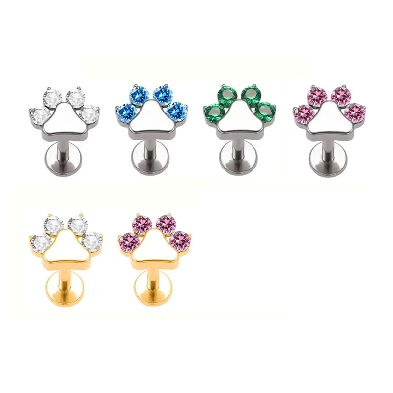 Cat paw earring with pink blue green purple diamond cz stones titanium nose stud 18G 16G - Image 5