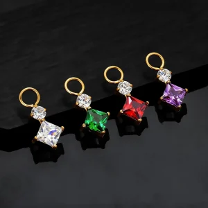 Nose piercing charm with a square clear red purple or green stone earring pendant
