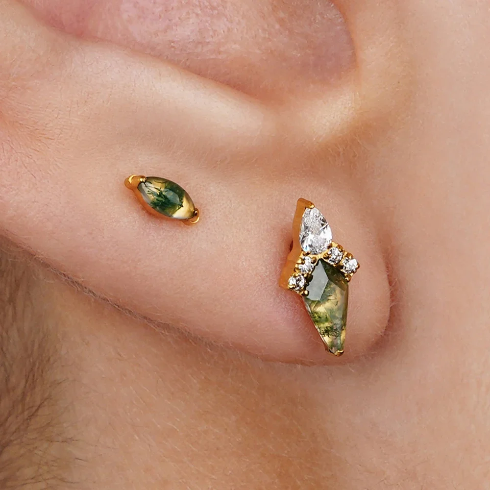 Natural moss agate piercing labret stud marquise made of titanium 16G - Image 9
