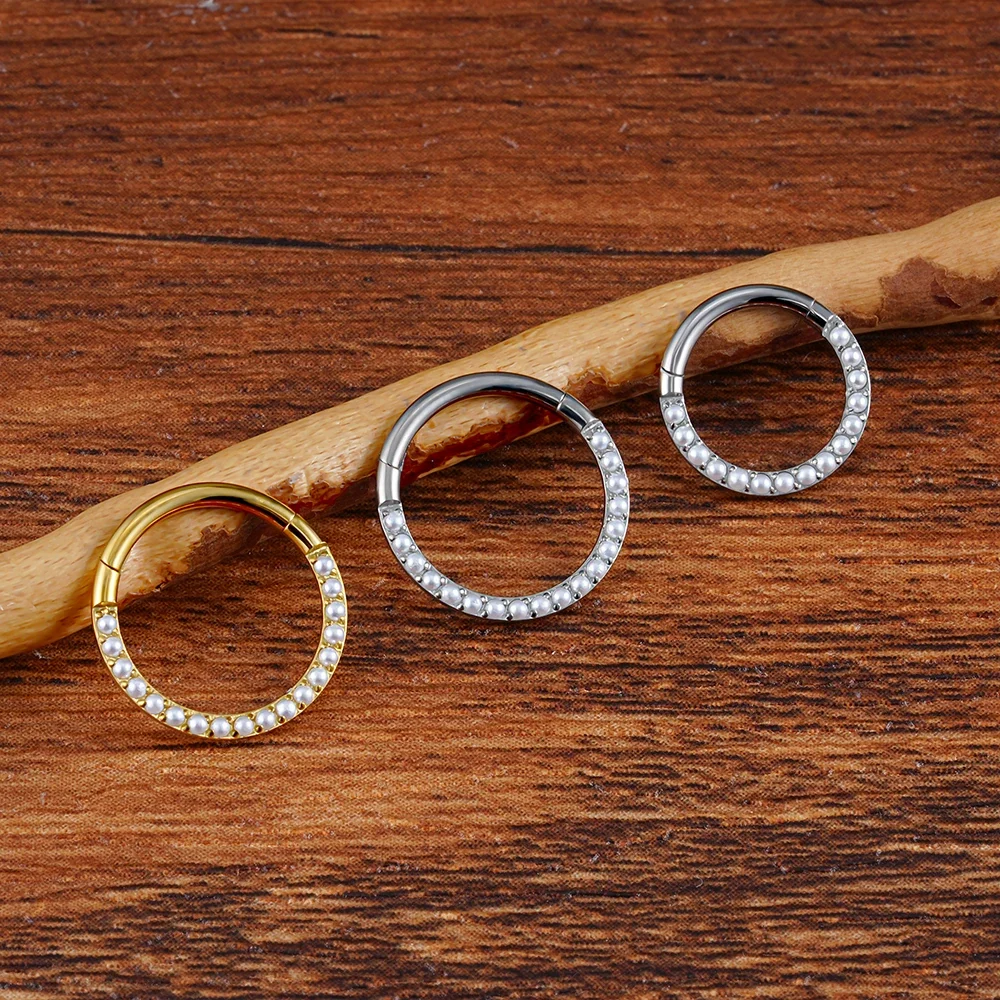 Daith pearl earring made of titanium 16G septum clicker ring - Image 6