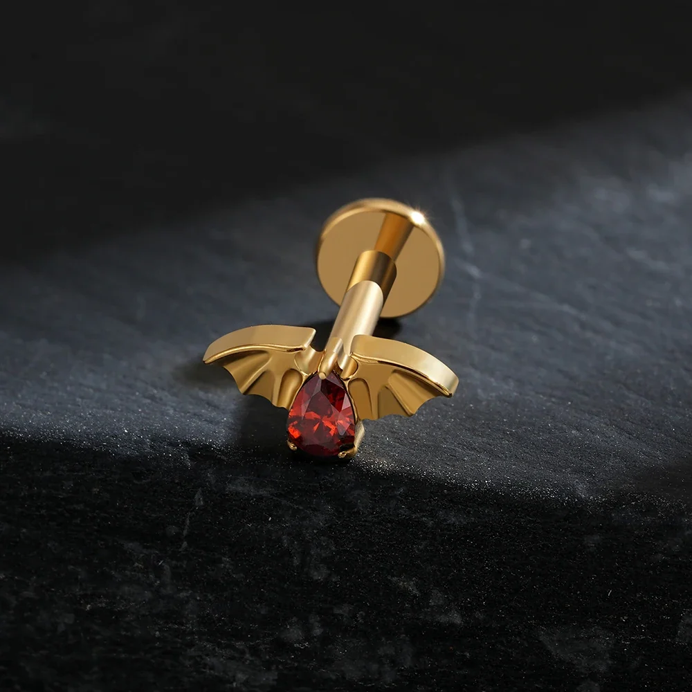 Bat helix piercing with a red stone titanium vampire piercing Halloween jewelry - Image 2