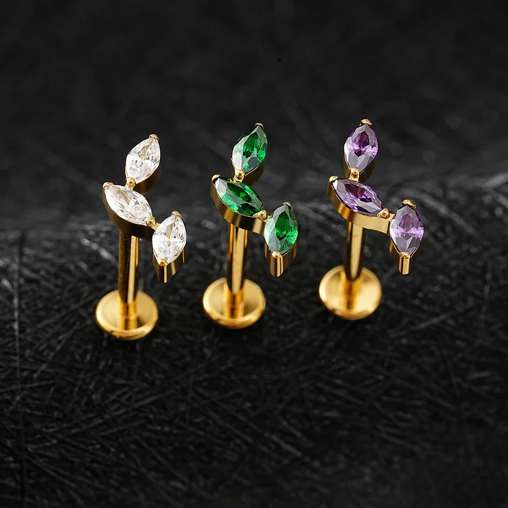 Three stone stud earring with clear green purple cubic zirconia titanium labret stud - Image 3