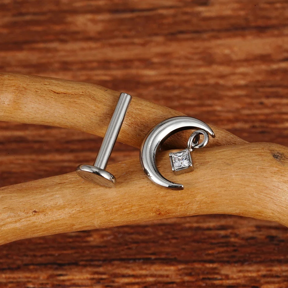 Moon stud earring with a clear CZ crescent moon titanium stud 16G - Image 7