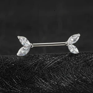 Pretty nipple bar with two marquise clear diamond cz stones on each side titanium