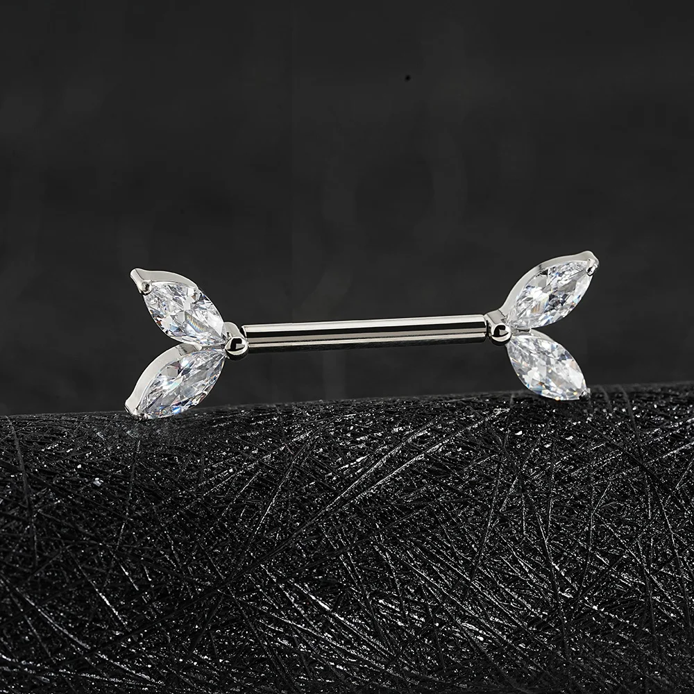Pretty nipple bar with two marquise clear diamond cz stones on each side titanium - Image 2
