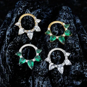 Vintage-style septum ring with green or clear stones titanium nose clicker ring 16G daith piercing