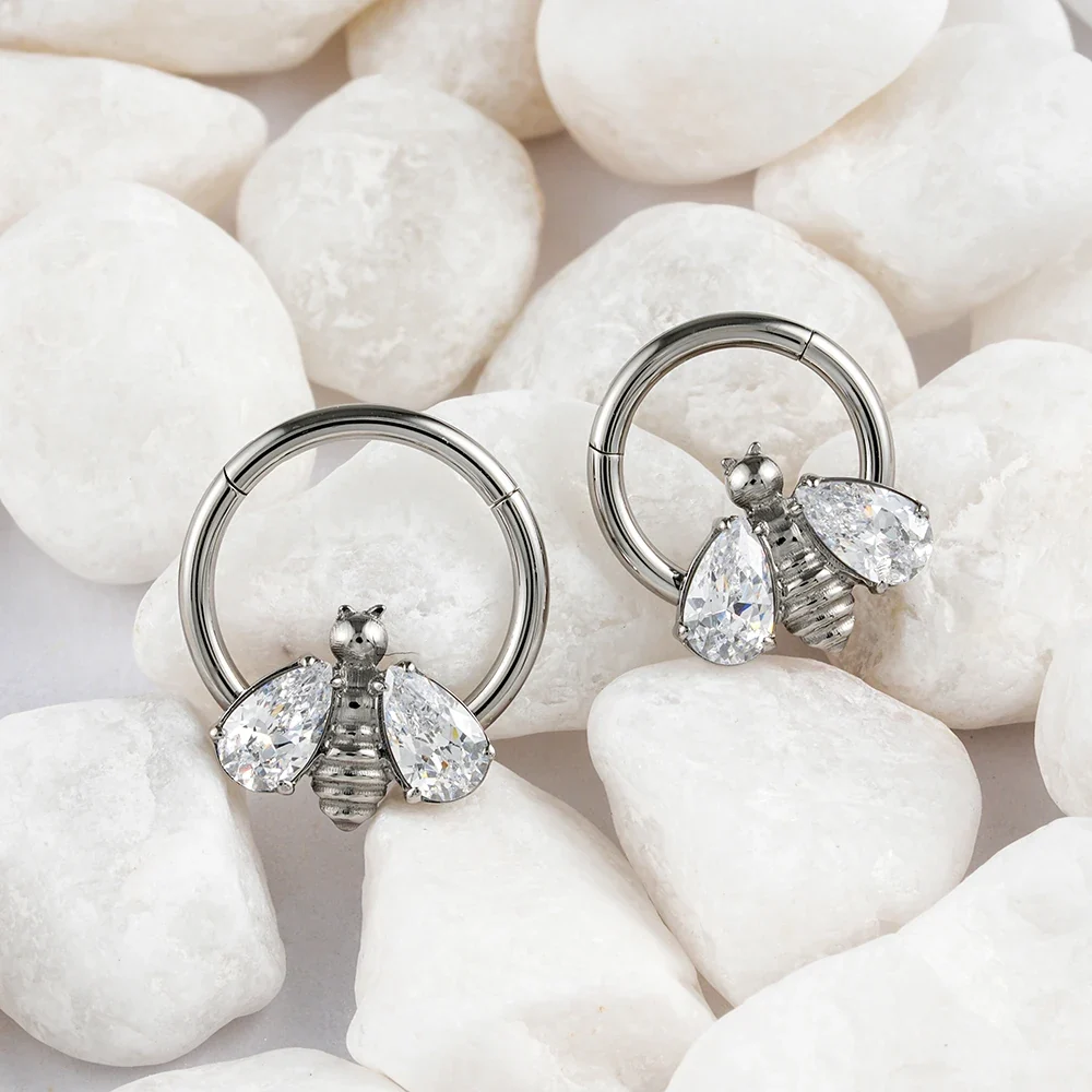 Bee septum ring bumble bee septum ring silver 16G titanium with CZ stones hinged segment clicker - Image 5