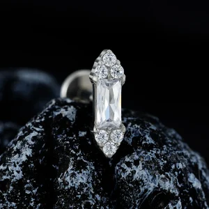 Cartilage ear stud with baguette clear diamond cz stones labret ear stud