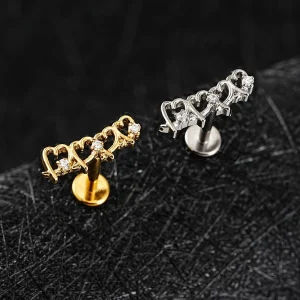 Diamond heart piercing with four hearts and clear cz stones heart labret stud