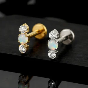 Opal conch piercing with clear cz stones three-stone stud opal body piercing