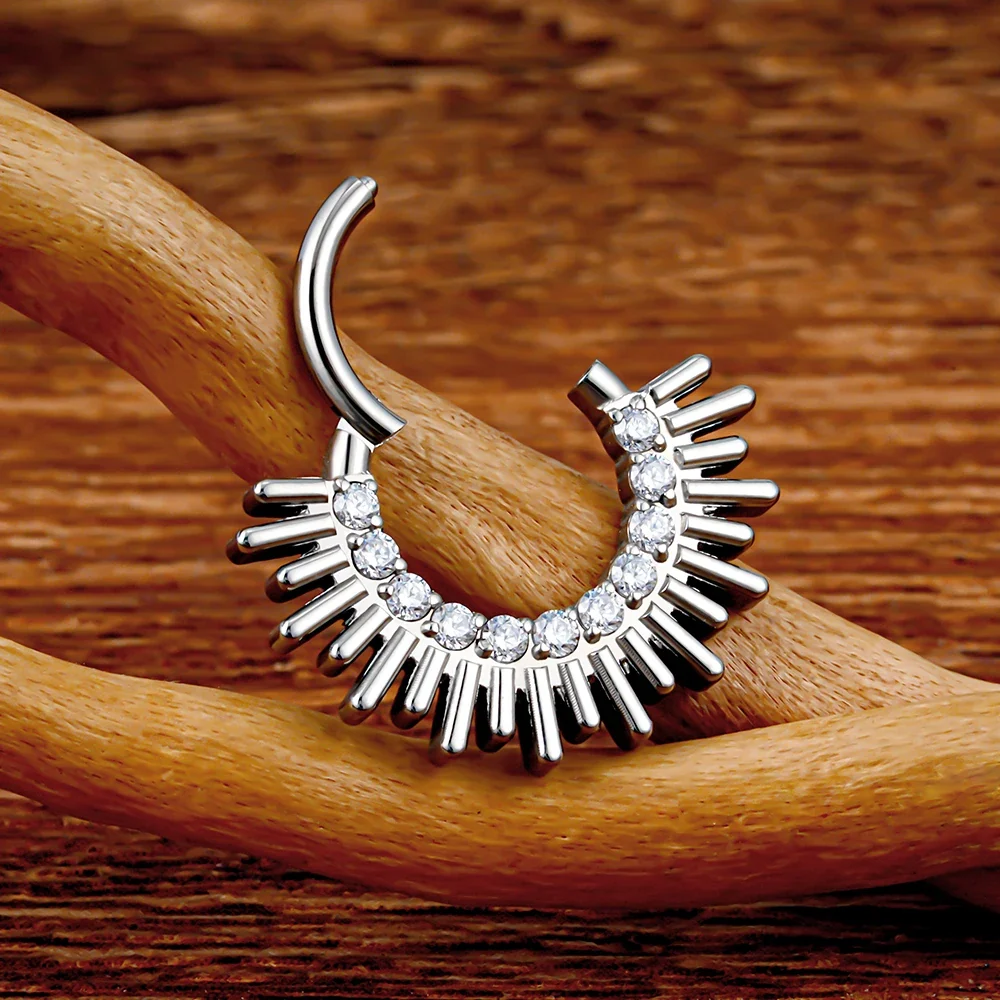 Gold daith piercing hoop with CZ stones titanium hinged clicker ring septum ring - Image 4