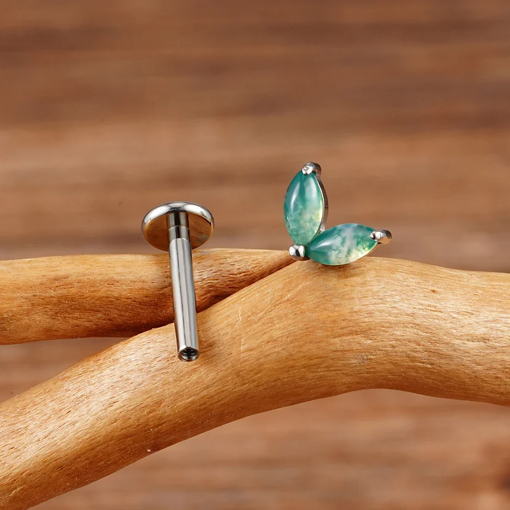 Moss agate gemstone piercing labret stud with two marquise stones made of titanium 16G - Image 8
