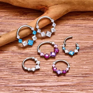 Gold daith earring with square clear pink or blue cz stones made of titanium in silver color 16G