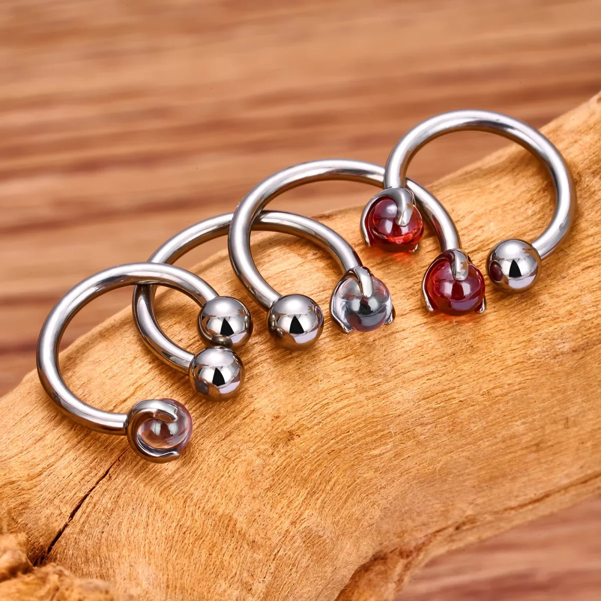 Snake bite piercing hoop with red crystals titanium horseshoe barbell - Image 2