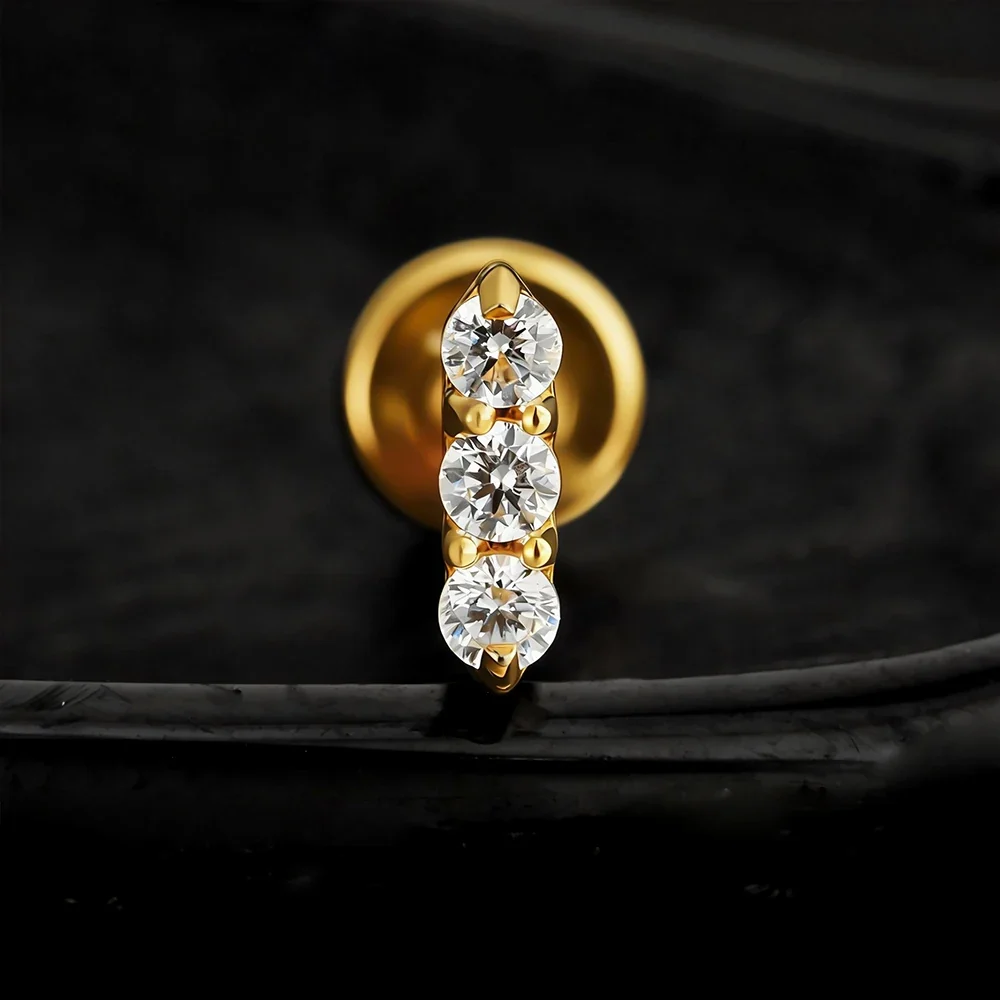 Gold bar stud earring with three clear cz stones nose stud bar - Image 2
