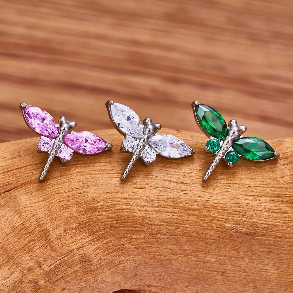 Dragonfly stud earring nose stud titanium piercing stud with clear pink or green diamonds - Image 2