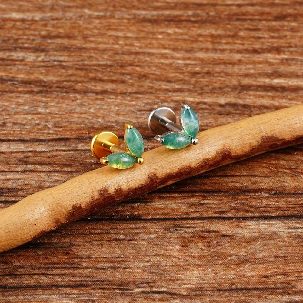 Moss agate gemstone piercing labret stud with two marquise stones made of titanium 16G - Image 3