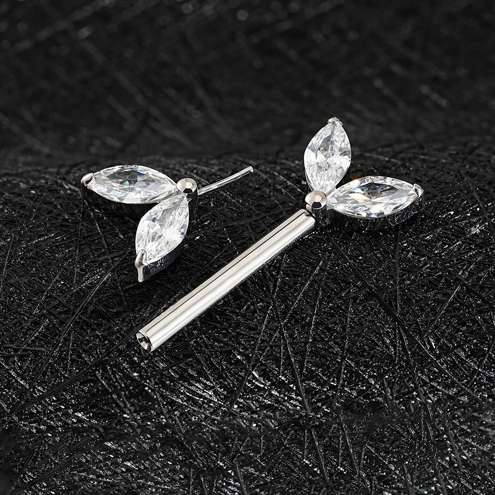 Pretty nipple bar with two marquise clear diamond cz stones on each side titanium - Image 3