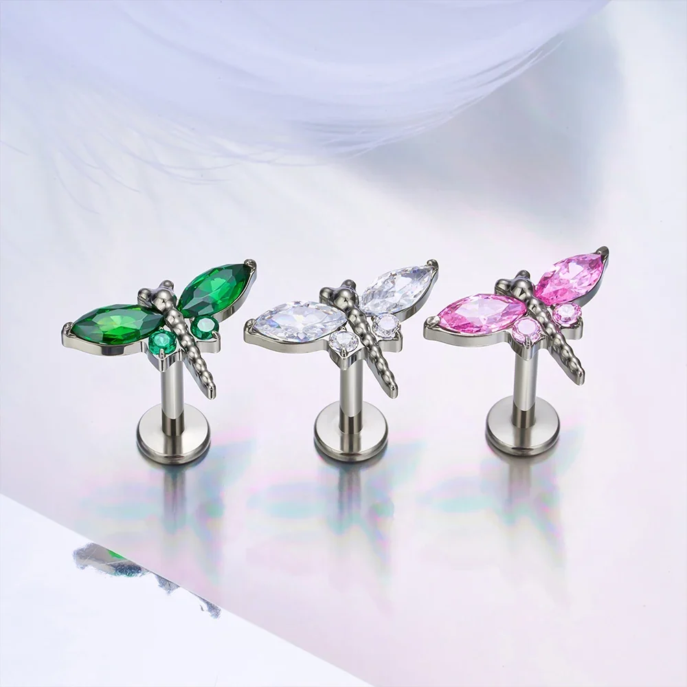 Dragonfly stud earring nose stud titanium piercing stud with clear pink or green diamonds - Image 4