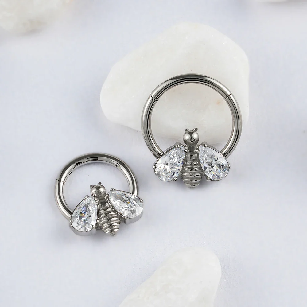 Bee septum ring bumble bee septum ring silver 16G titanium with CZ stones hinged segment clicker - Image 6