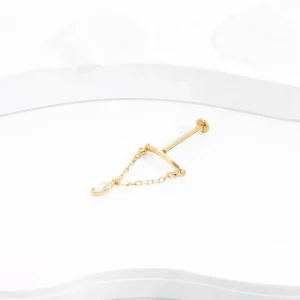 14K gold Floating Helix earring with a chain and clear cz stones earring stud