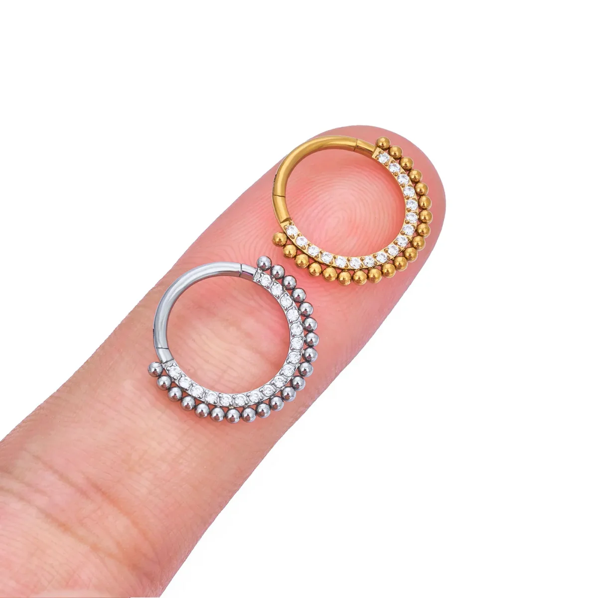 16G daith ring with diamond cz and dots in gold and silver titanium septum hoop - Image 4