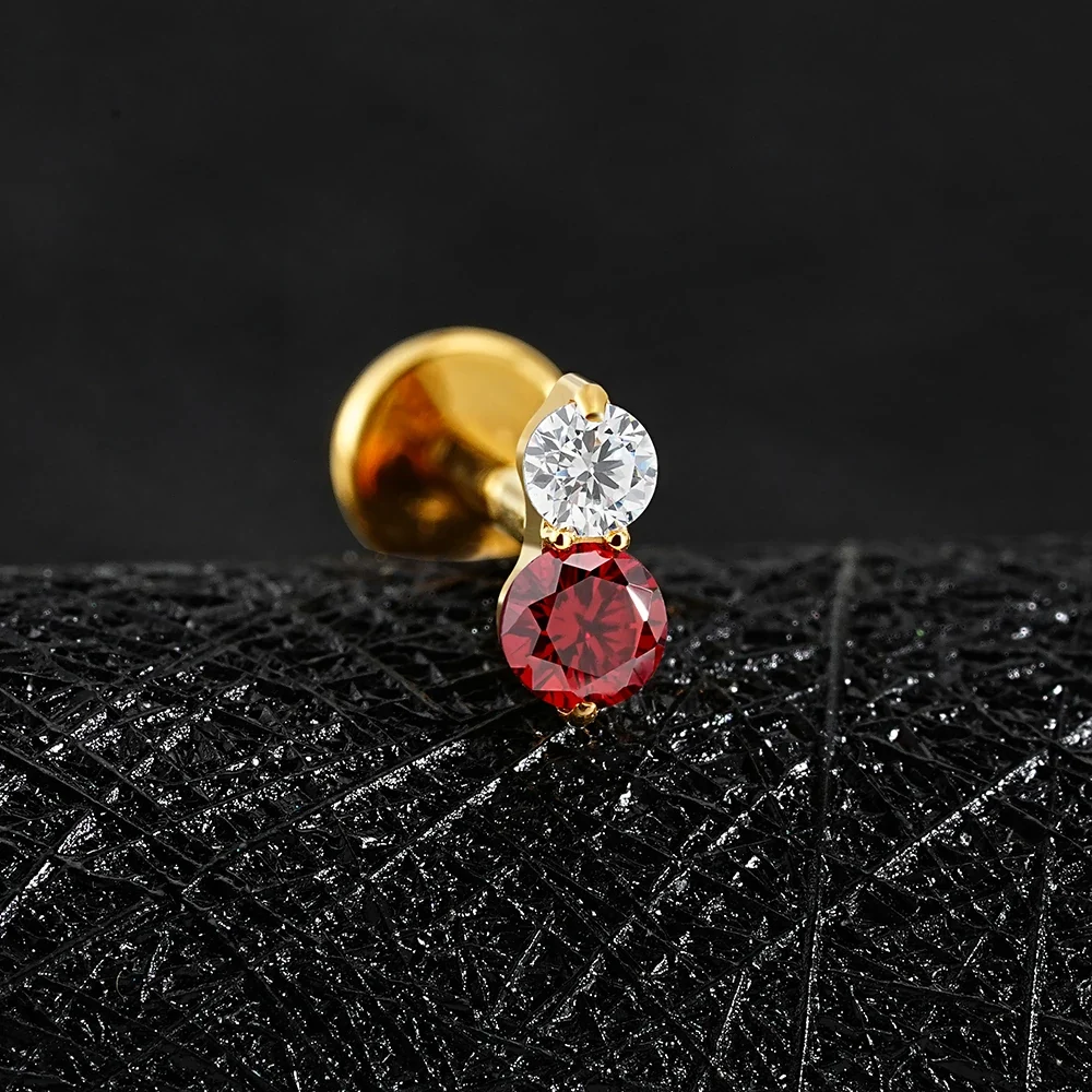 Two-stone earring with clear red green purple or blue diamond cz titanium labret stud - Image 5