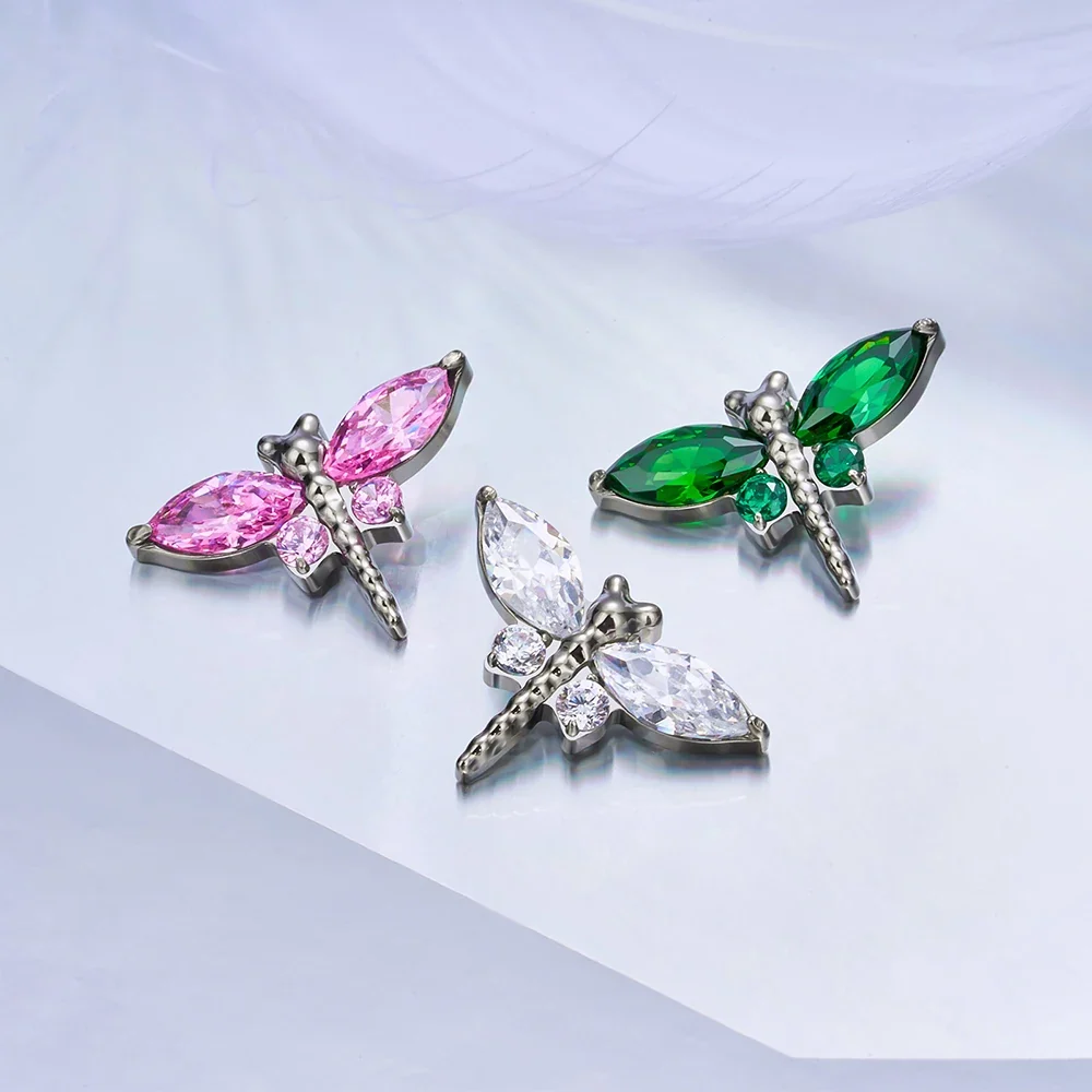 Dragonfly stud earring nose stud titanium piercing stud with clear pink or green diamonds - Image 5