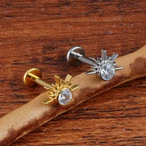 Diamond labret piercing the shining sun with a clear cz stone
