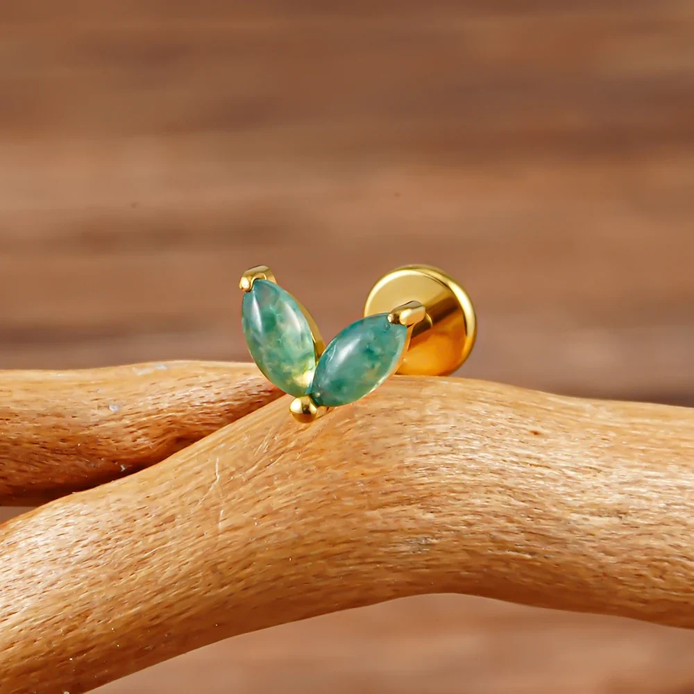 Moss agate gemstone piercing labret stud with two marquise stones made of titanium 16G - Image 5