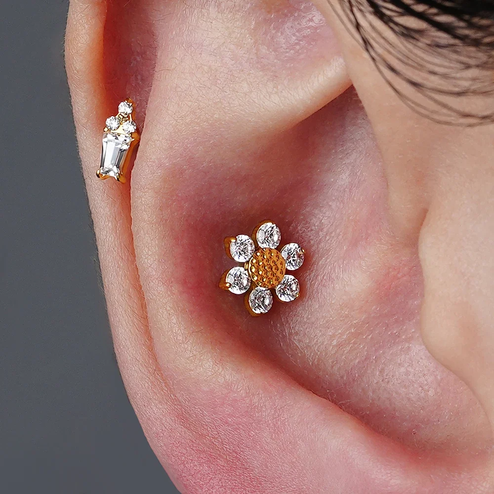Sunflower piercing labret stud with clear cz stones large titanium stud 16G - Image 6