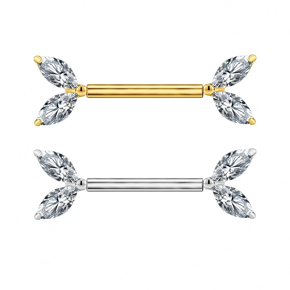 Pretty nipple bar with two marquise clear diamond cz stones on each side titanium - Image 4
