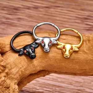 Bull septum ring in black silver gold with clear or red eyes male septum ring titanium